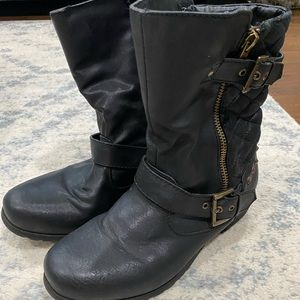 Aldo Black Moto Boots with Gold Hardware